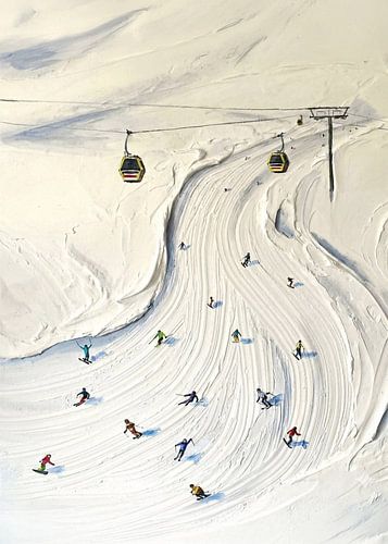 Gondelbahn über der Piste – Strukturiertes Winter-Gemälde
