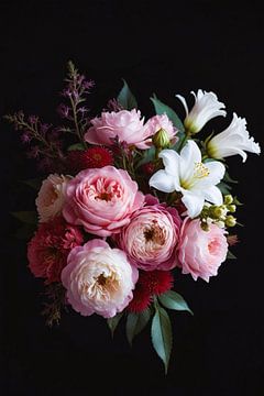 Bouquet floral varié sur fond sombre sur De Muurdecoratie