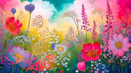 Farbenfroher Frühling!  Wildblumenfeld mit verträumter Atmosphäre