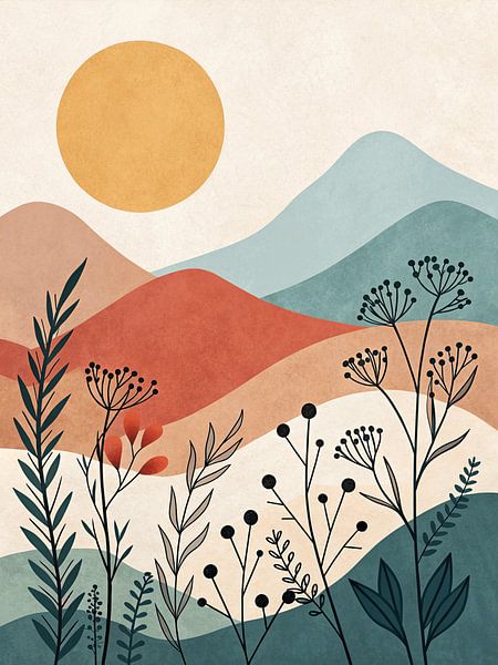 Abstract landschap met zonsondergang en wilde bloemen van Artistic