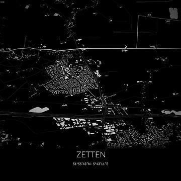 Black-and-white map of Zetten, Gelderland. by Rezona