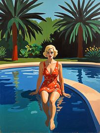 Mädchen im geblümten Kleid am Pool