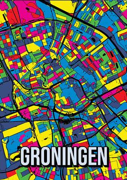 Groningen: Kleurrijk stadsplan - Abstracte pop art kunstposter voor aan de muur van Jorn van Hezik