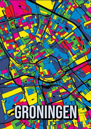 Groningen: Kleurrijk stadsplan - Abstracte pop art kunstposter voor aan de muur