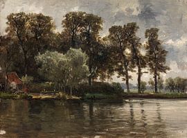Carlos de Haes-Riverside Huts, Riverside Woods, Antique Landscape