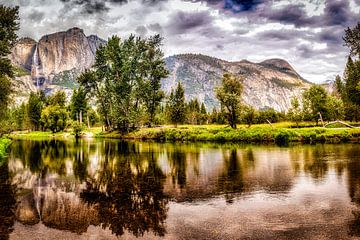 Reflection river landscape Yosemite Falls in Merced River Yosemite National Park California by Dieter Walther