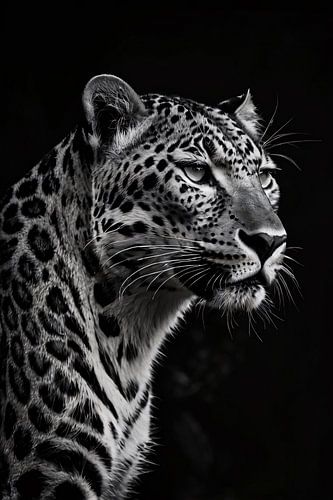 Zwart-wit portret van een luipaard in detail