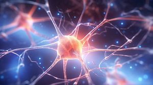 Neuronales Netzwerk mit elektrischer Aktivität von Neuronenzellen 3D-Rendering Illustration. Neurowissenschaft, Neurologie, Nervensystem und Impuls, Gehirnaktivität, Mikrobiologie Konzepte. Künstler Vision.