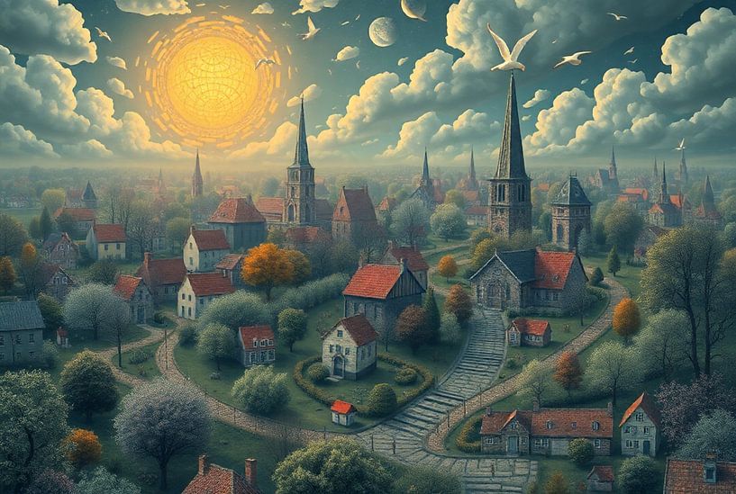 Stadt der Sprichwörter mit goldener Sonne und Kirchtürmen von Kleurenrijk