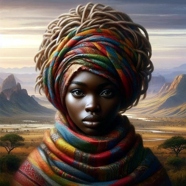 Afrikanische Frau in Landschaft 10 von Yvonne van Huizen