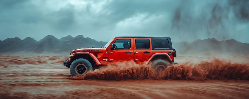 Rode Jeep Wrangler bij zonsondergang in de duinen van Lufy