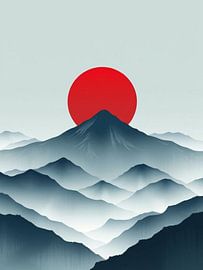 A Serene and Minimalist Landscape with a Bold Red Sun by Artistic