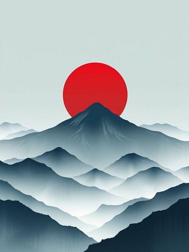 A Serene and Minimalist Landscape with a Bold Red Sun