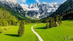 Luftaufnahme des Tals von Zgornje Jezersko im Frühling