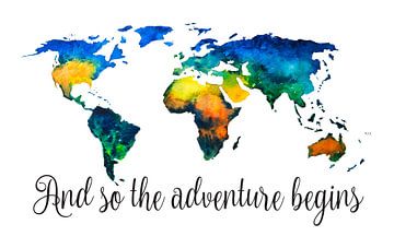 Carte du monde à l'aquarelle - Et c'est ainsi que l'aventure commence sur Wereldkaarten.Shop