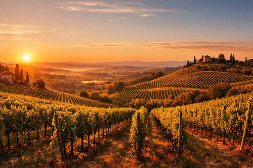 Herfstbetovering in Toscane – zonsondergang boven gouden wijngaarden