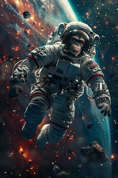 Aap astronaut zwevend in de ruimte met sterren van Felix Brönnimann