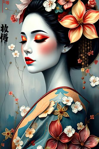 schilderij Geisha  met bloemen