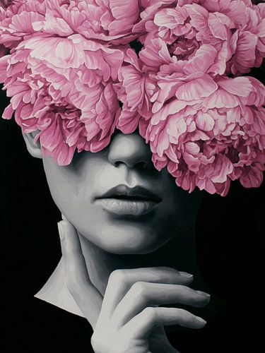 Schwarz-Weiß-Porträt mit rosa Blumen – Moderne, elegante Kunst