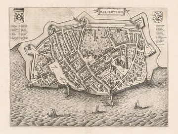 Carte de Harderwijk sur la Zuiderzee datant de 1652 environ, avec cadre blanc sur Gert Hilbink