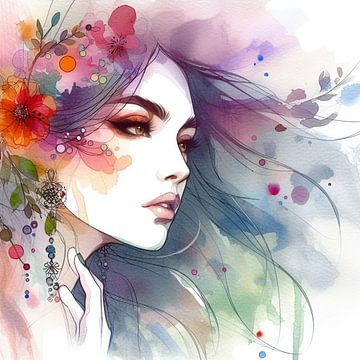 Vrouwenportret met kleurrijke bloemen in haar van Jessica Berendsen