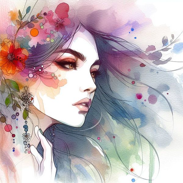 Female portrait with colourful flowers in hair by Jessica Berendsen