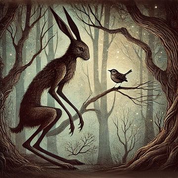 Haas en vogel in het bos van Marijke Trienekens
