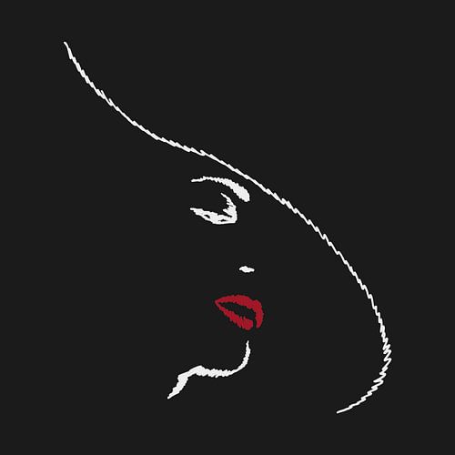 Chic in black (line drawing portrait woman hat minimalism abstract line art mouth red lipstick