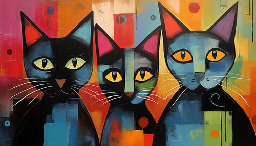 3 abstracte zwarte katten kleurrijk