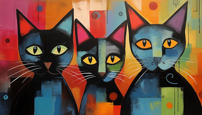 3 abstracte zwarte katten kleurrijk van TheXclusive Art