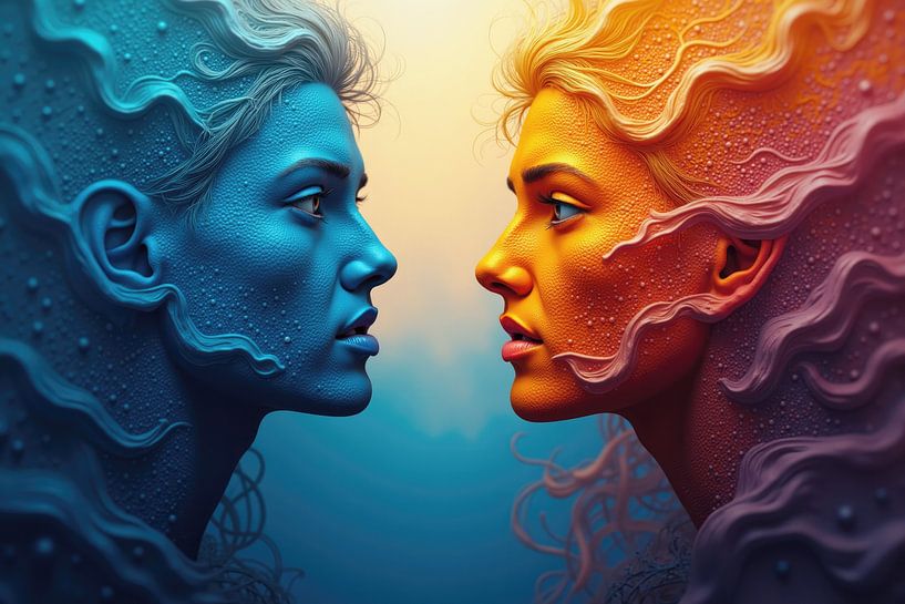 Zwei surreale Frauen, die die Dualität repräsentieren und in die Augen des anderen blicken&#039;s von Markus Gann