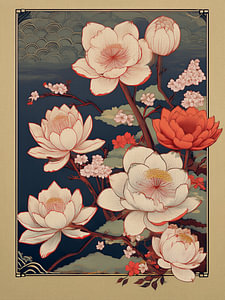 Japanische Druckkunst: Blühende Lotusblumen im Japandi-Stil