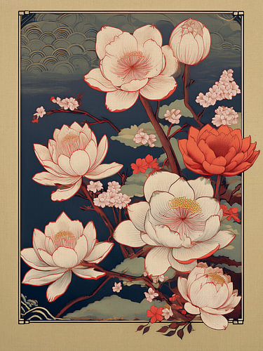 Japanische Druckkunst: Blühende Lotusblumen im Japandi-Stil