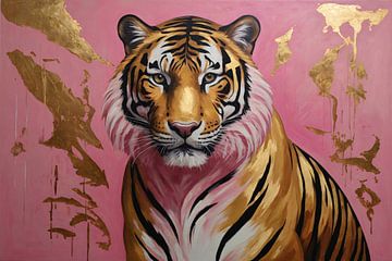 Tiger in Gold and Pink Modern Artwork by De Muurdecoratie