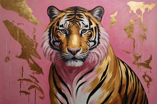 Tijger in Goud en Roze Modern Kunstwerk