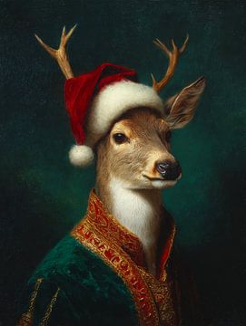 Classic Christmas portrait of a deer in richly decorated clothes and red Santa hat by But First Framing