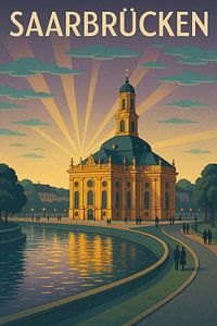 Saarbrücken Art Deco Reiseplakat - Ludwigskirche bei Sonnenuntergang