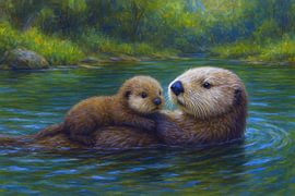 Otter with young in nature painting. by Gallery Hoppenbrouwers