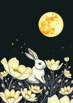 White Rabbit in Yellow Flower Garden – Golden Moon Night by MIROKKU