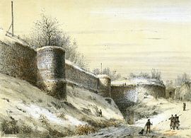 Brusselsepoort en westelijke stadsmuur, Maastricht , Alexander Schaepkens, ca 1870, lithografie van Atelier Liesjes