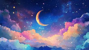 Mond über Regenbogenwolken in sternenklarer Nacht