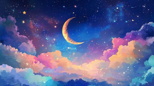 Moon above Rainbow Clouds in Starry Night