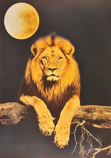 Vintage leeuw op tak - maanlicht litho van Niklas Maximilian