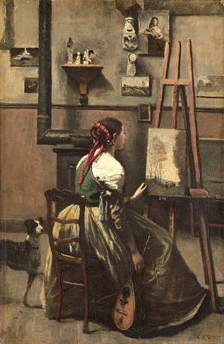 Vrouw zittend voor een ezel, een mandoline in haar hand, Jean-Baptiste-Camille Corot