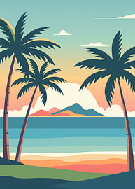 Tropical beach landscape illustration with palm trees and sunset by Adam Khabibi