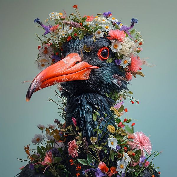 Oystercatcher with wildflowers by Marlon Paul Bruin