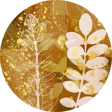 Abstracte retro botanische bladeren in goud, geel, bruin, roest van Dina Dankers