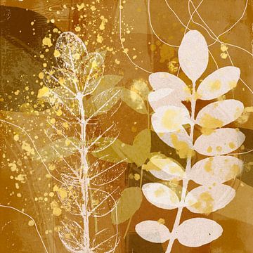 Abstracte retro botanische bladeren in goud, geel, bruin, roest van Dina Dankers