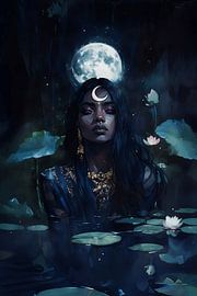 Moonlight priestess in the water lily pond by NJ Midnight Studio