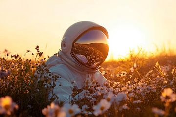 Astronaut in het bloemenveld op het gouden uur van Poster Art Shop